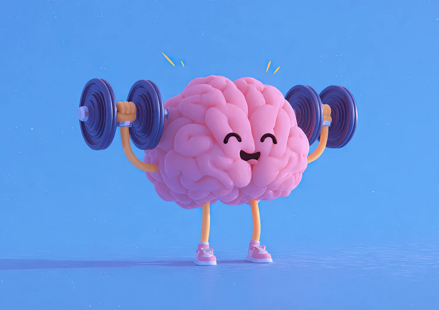 Cartoon brain character lifting dumbbells on a blue background