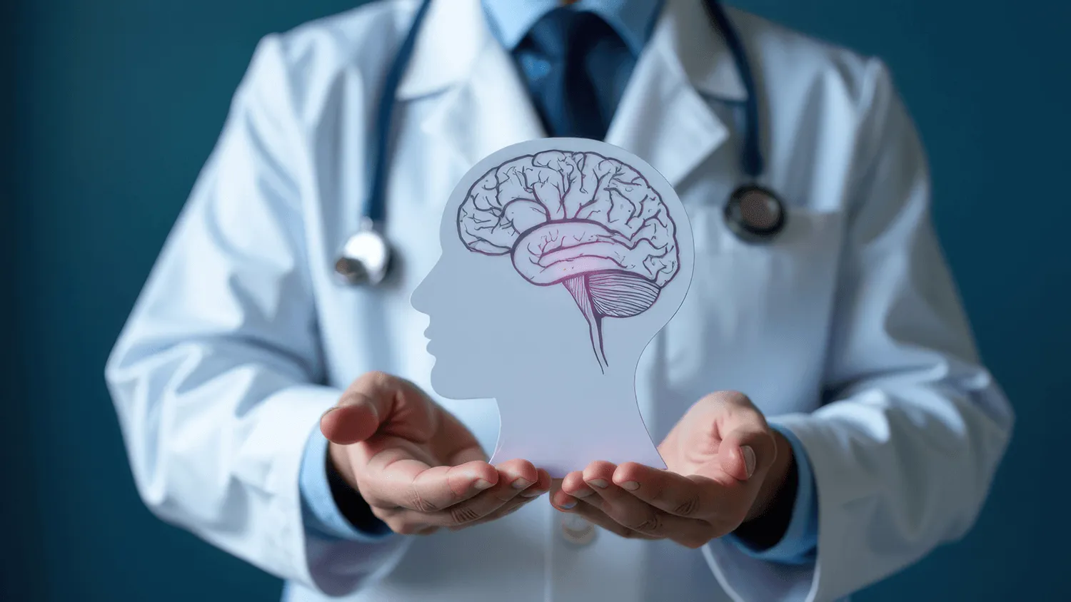 Doctor in a white coat holding a paper cutout of a head and brain