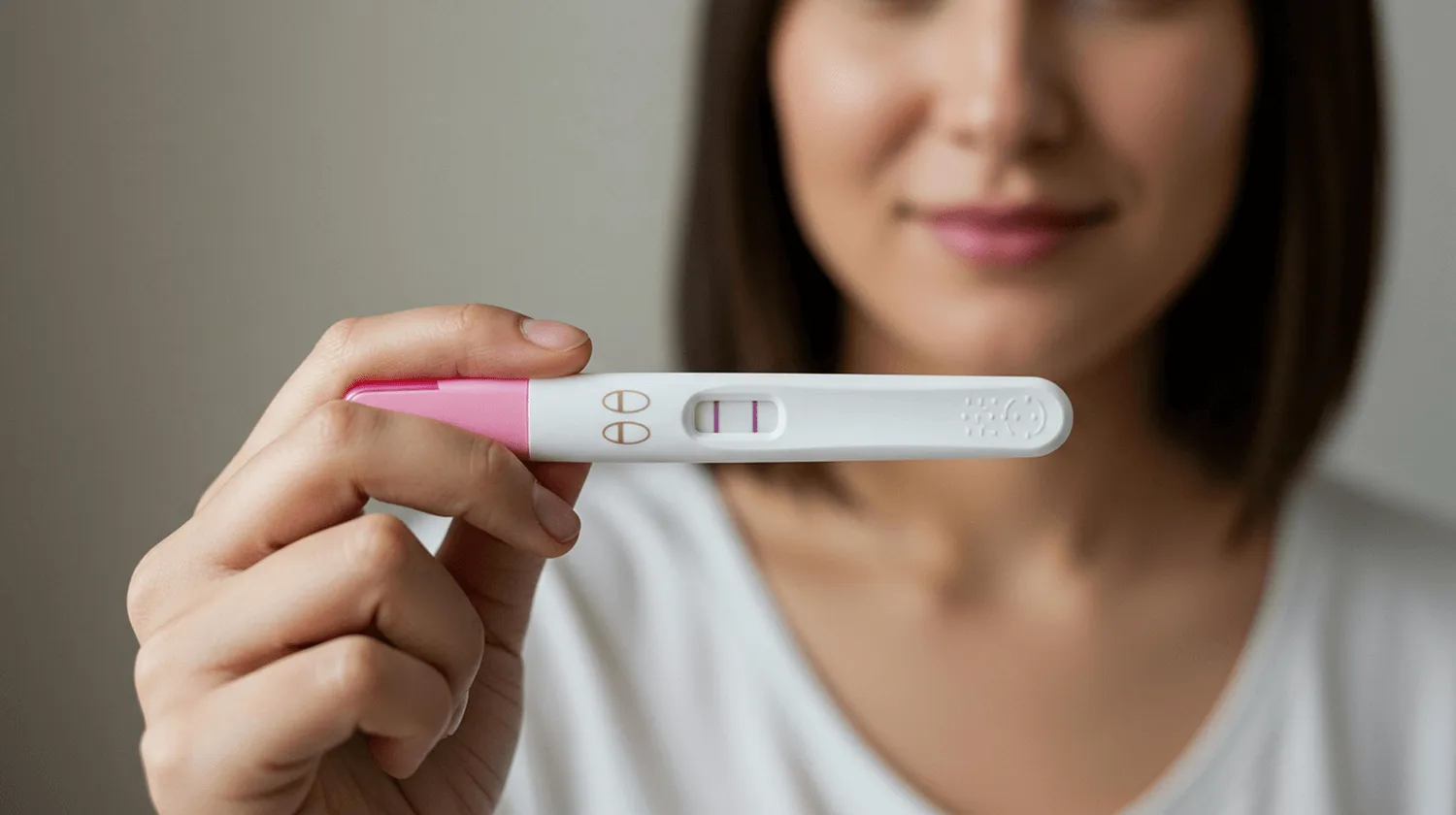 Smiling woman holding up a pregnancy test